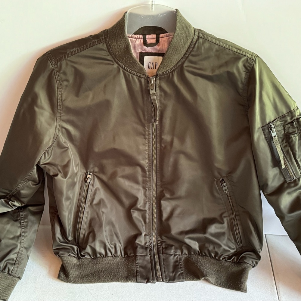 EUC Gap satin bomber jacket in olive green